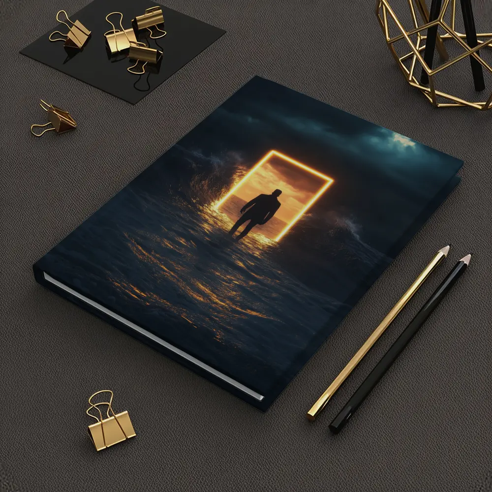 Man Walking Toward Glowing Door Ocean Storm – Notebooks