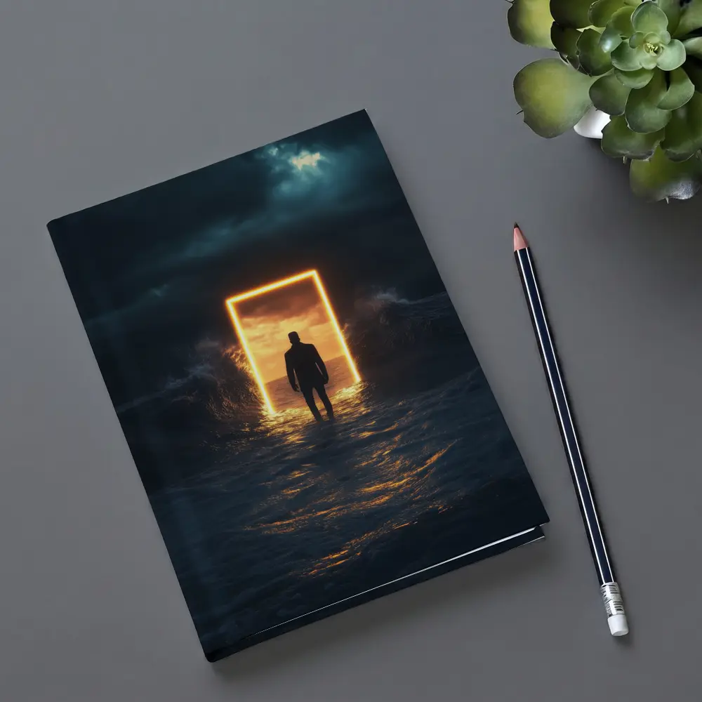 Man Walking Toward Glowing Door Ocean Storm – Notebooks