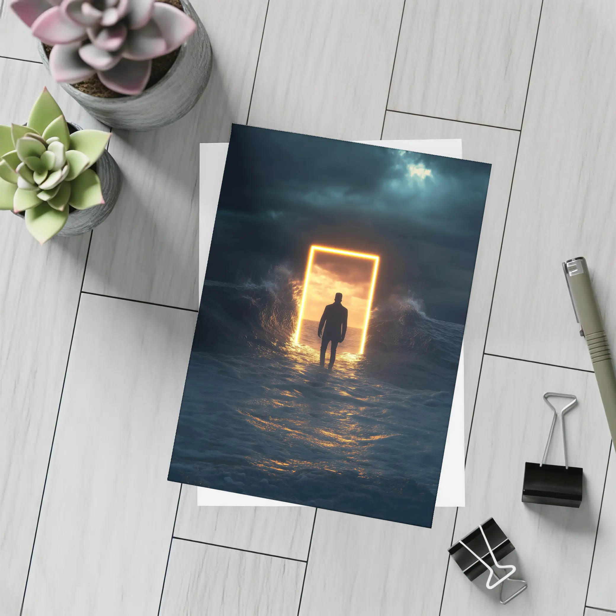 Man Walking Toward Glowing Door Ocean Storm – Postcards
