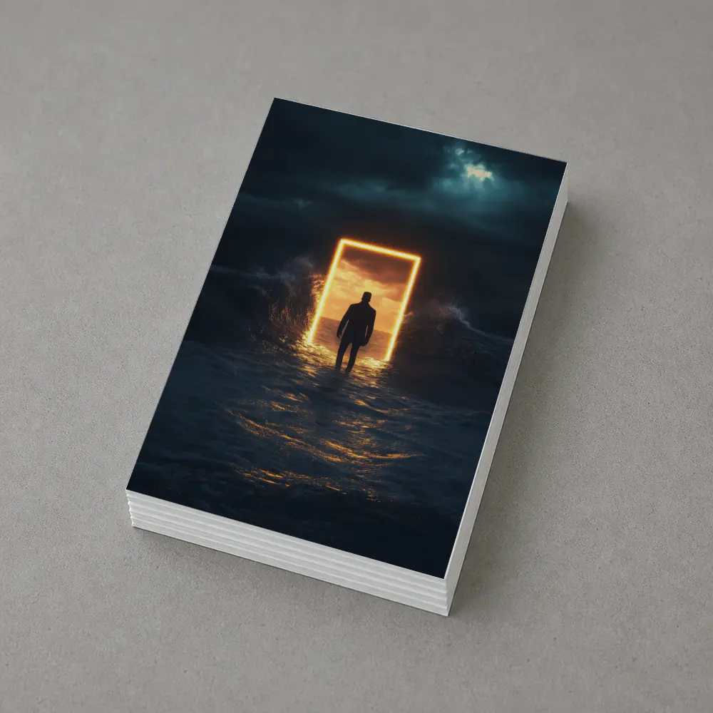 Man Walking Toward Glowing Door Ocean Storm – Postcards