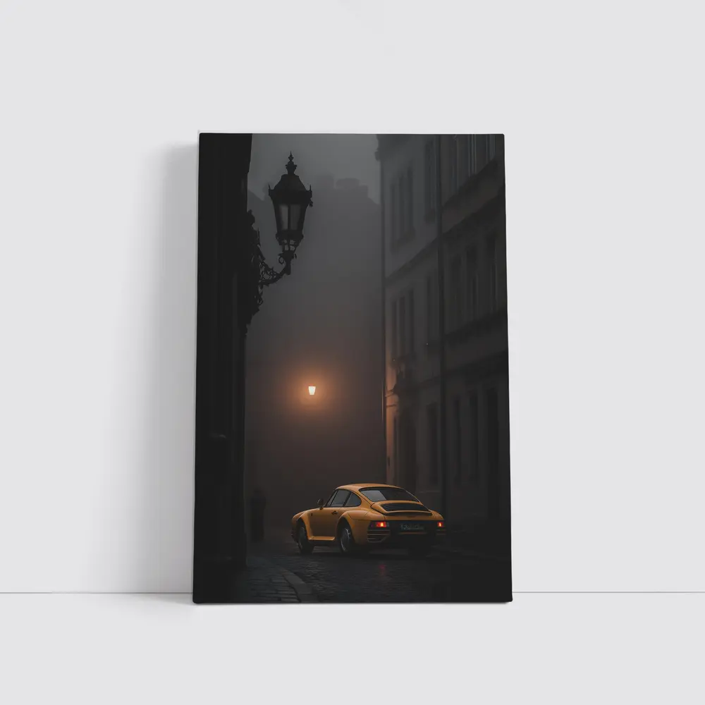 Yellow Porsche 911 Foggy Night Street – Wall Art