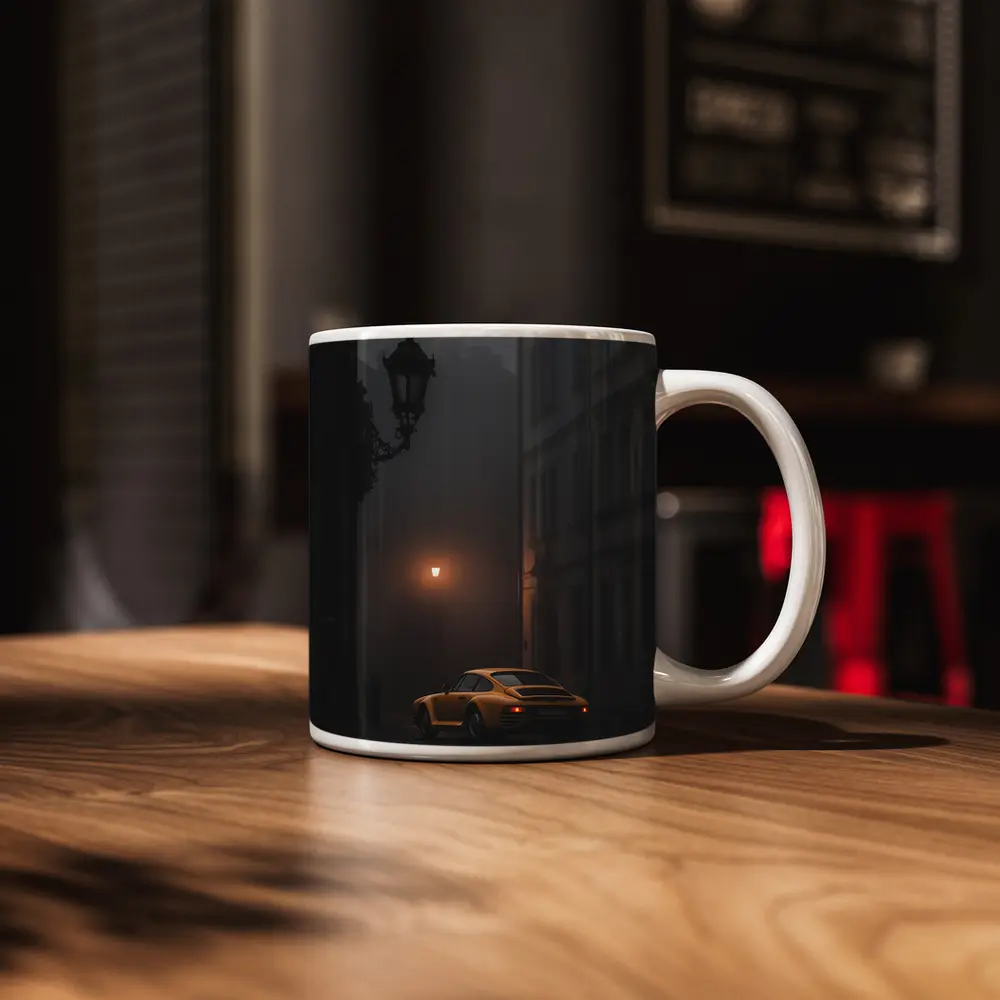 Yellow Porsche 911 Foggy Night Street – Mugs