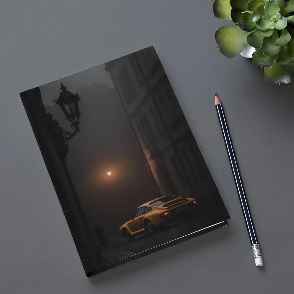 Yellow Porsche 911 Foggy Night Street – Notebooks