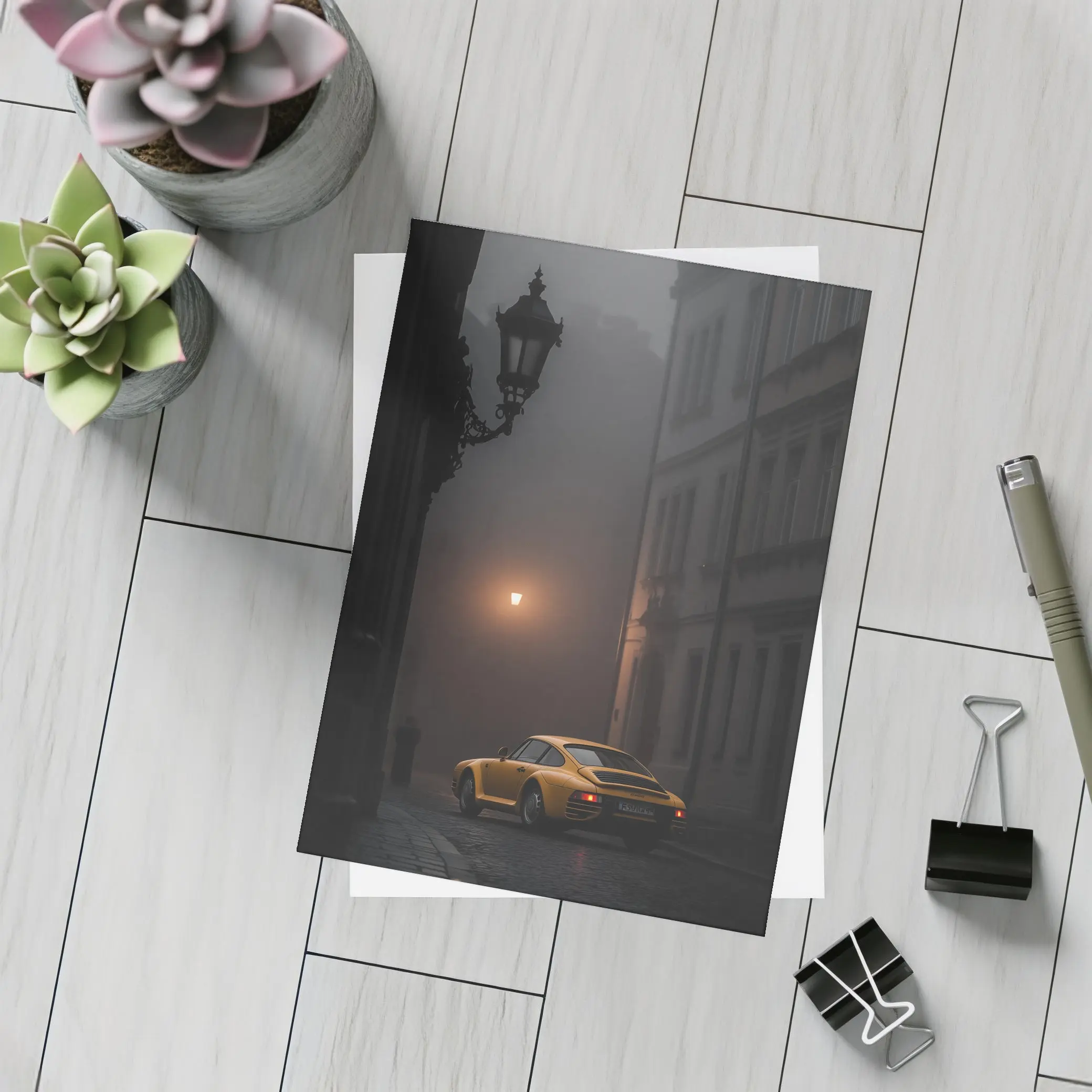 Yellow Porsche 911 Foggy Night Street – Postcards