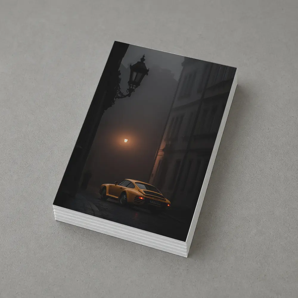 Yellow Porsche 911 Foggy Night Street – Postcards