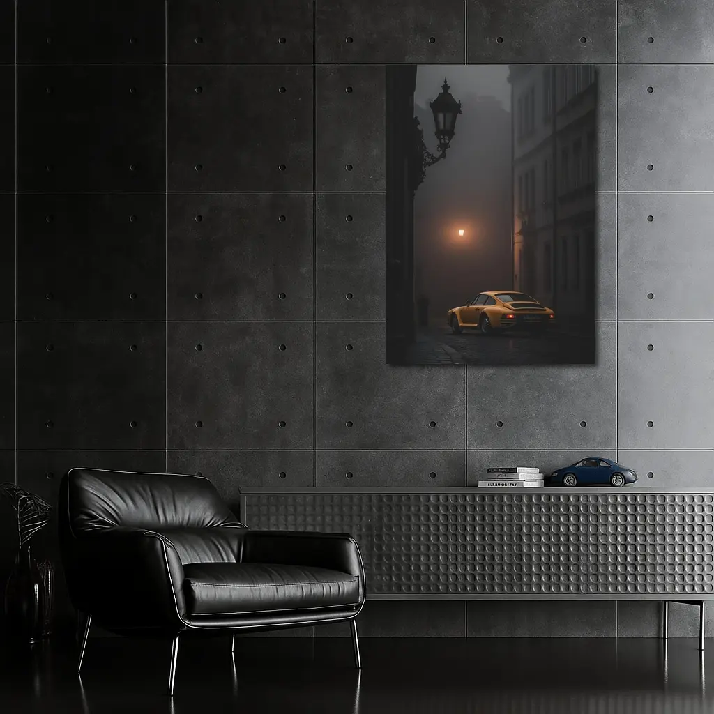 Yellow Porsche 911 Foggy Night Street – Wall Art