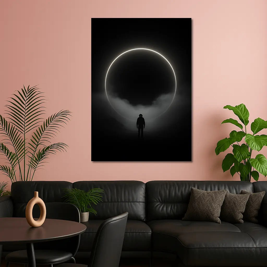 Lone Silhouette Standing Before Glowing Circle – Wall Art