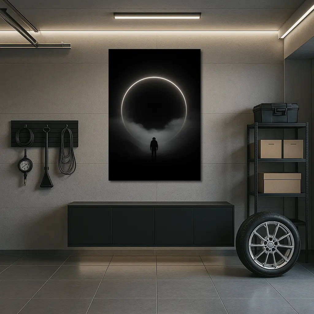 Lone Silhouette Standing Before Glowing Circle – Wall Art