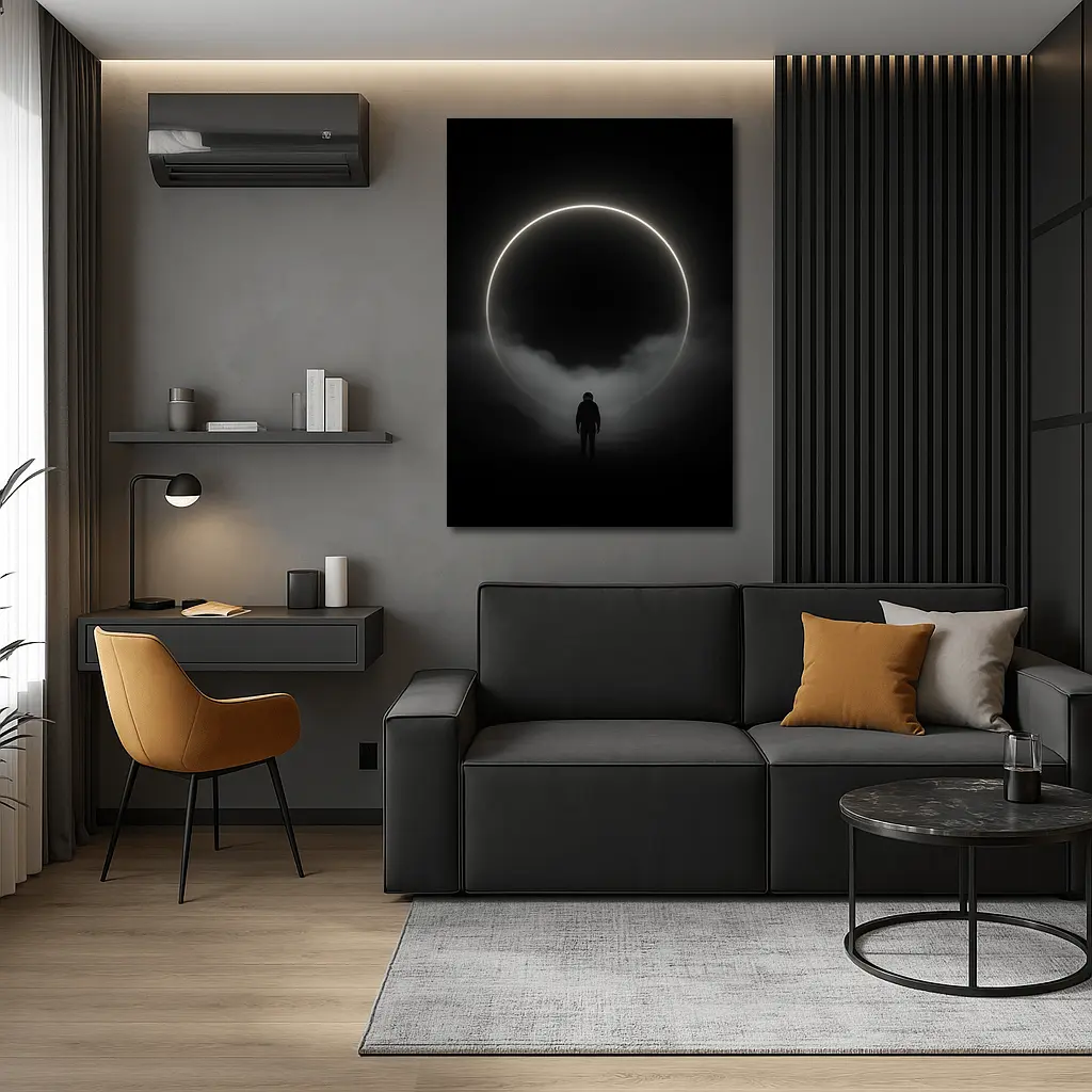 Lone Silhouette Standing Before Glowing Circle – Wall Art