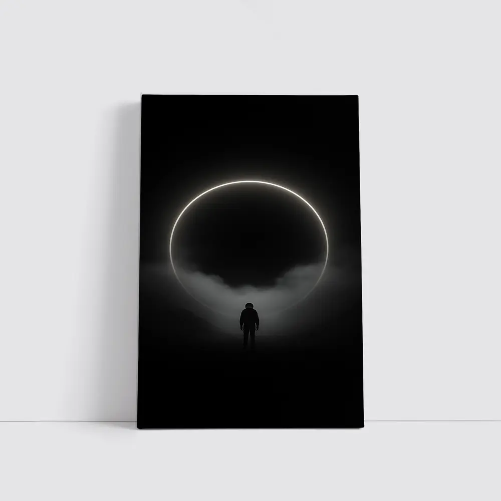 Lone Silhouette Standing Before Glowing Circle – Wall Art