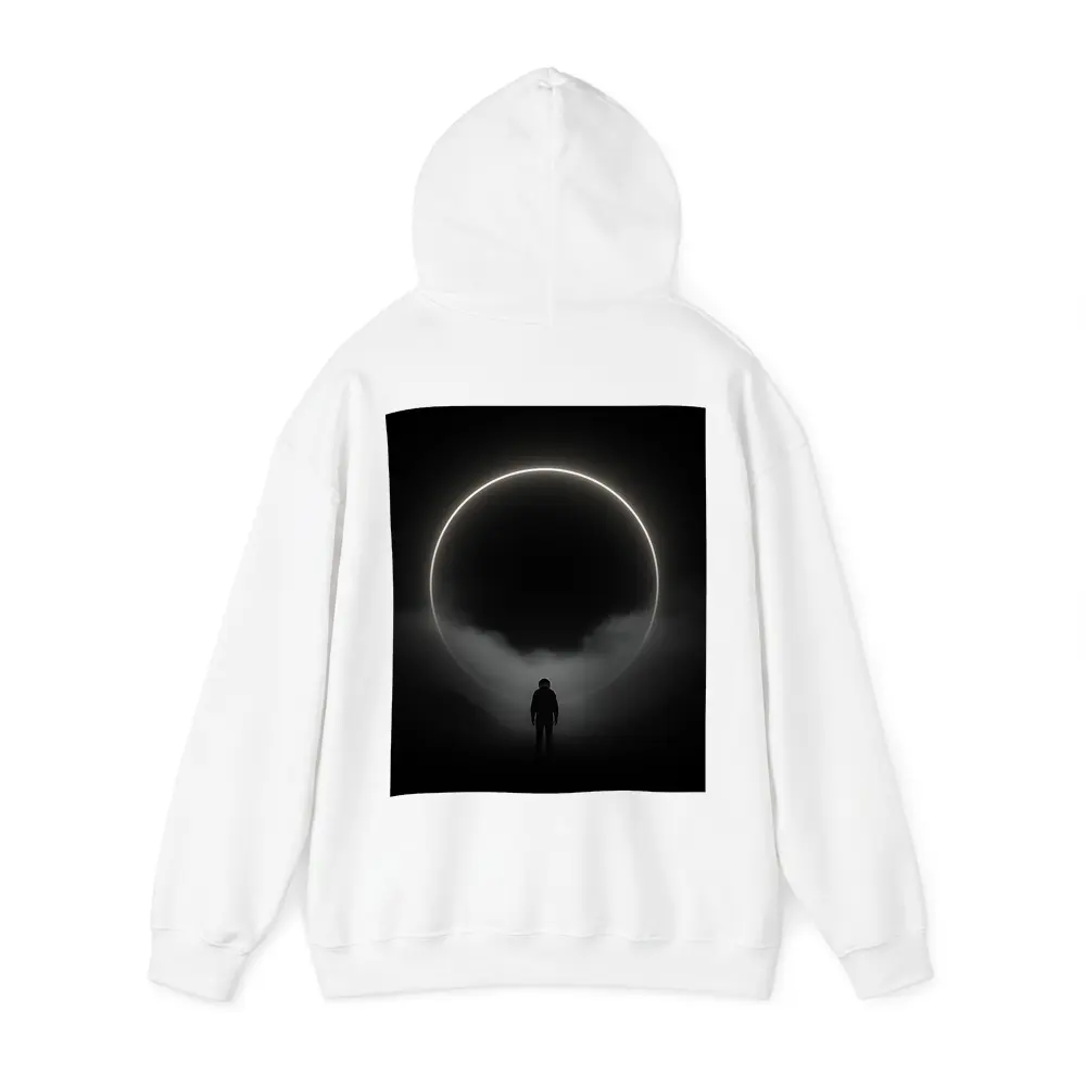 Lone Silhouette Standing Before Glowing Circle – Hoodies