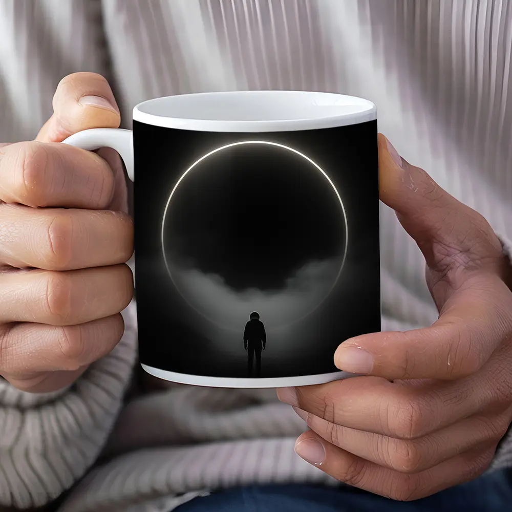 Lone Silhouette Standing Before Glowing Circle – Mugs