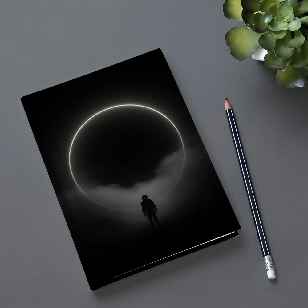 Lone Silhouette Standing Before Glowing Circle – Notebooks