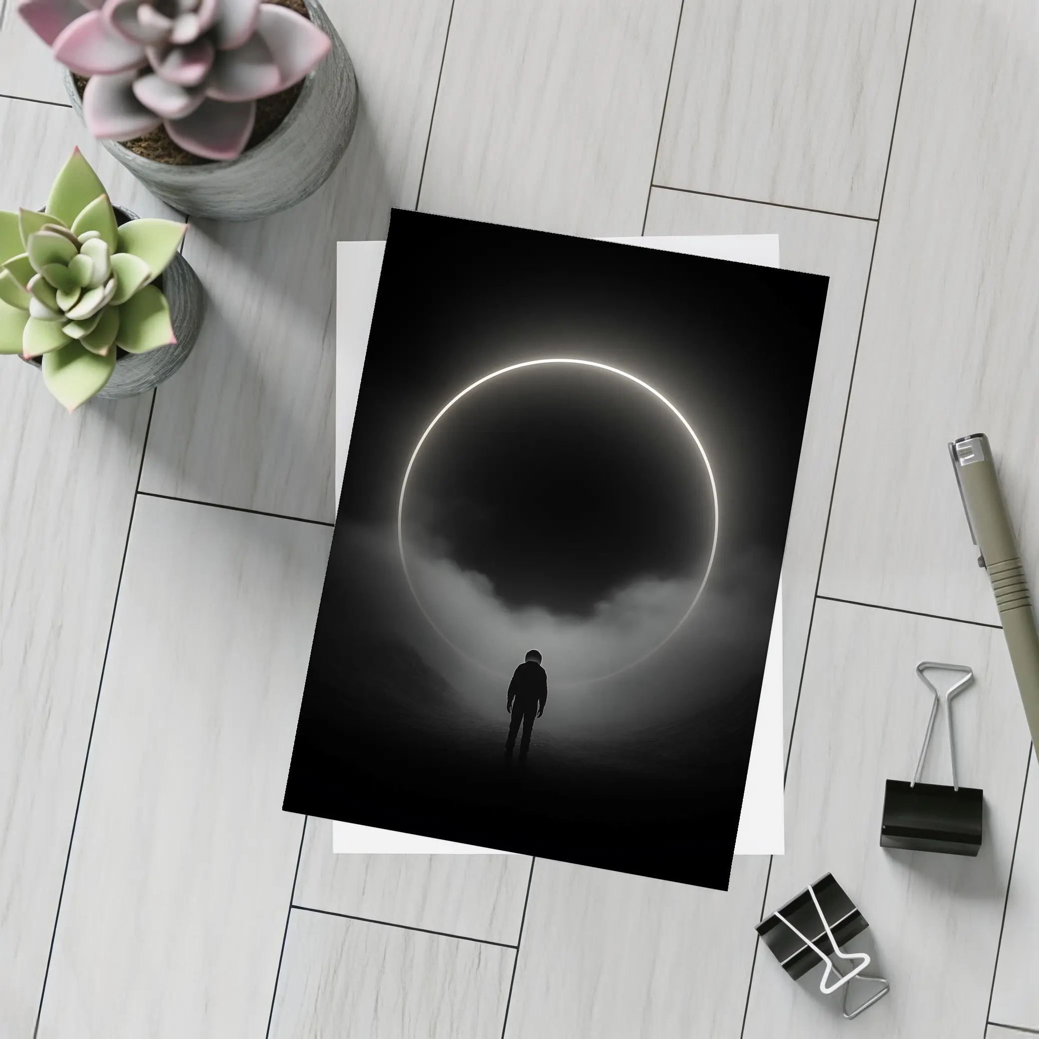 Lone Silhouette Standing Before Glowing Circle – Postcards