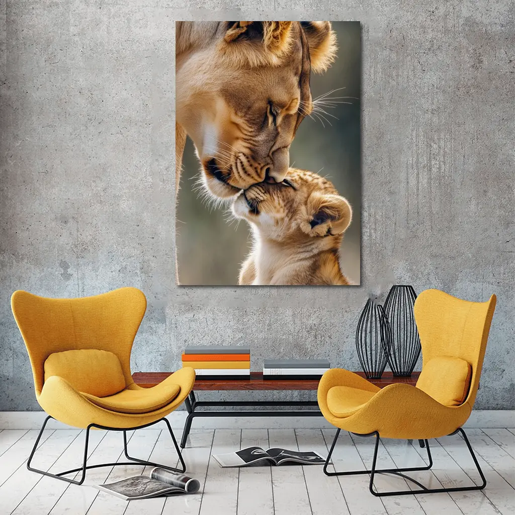 Lioness and Cub Tender Moment Outdoors – Wall Art