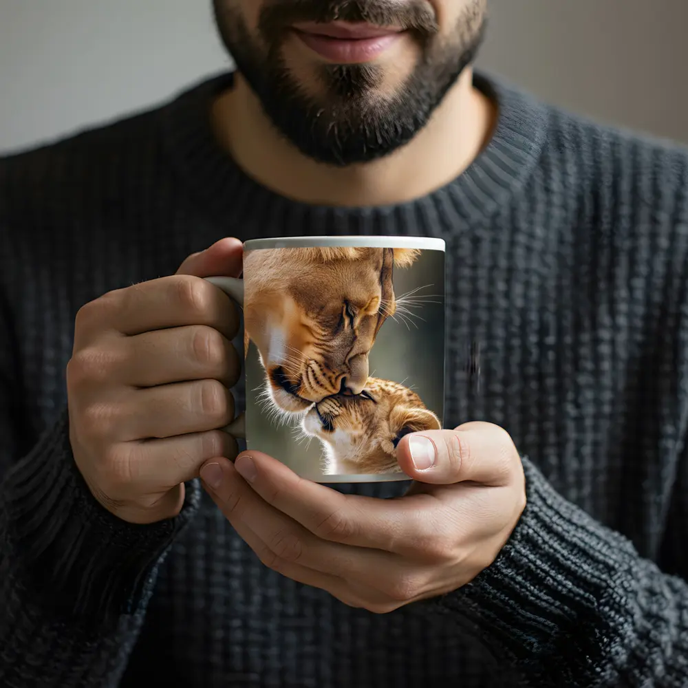 Lioness and Cub Tender Moment Outdoors – Mugs