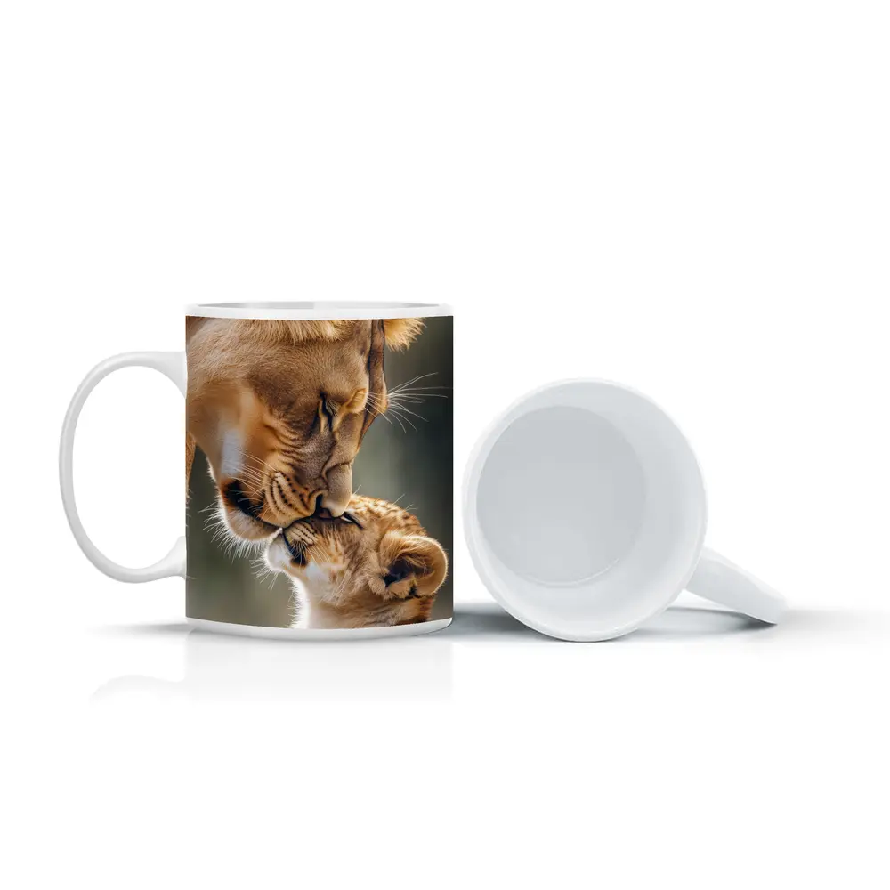Lioness and Cub Tender Moment Outdoors – Mugs