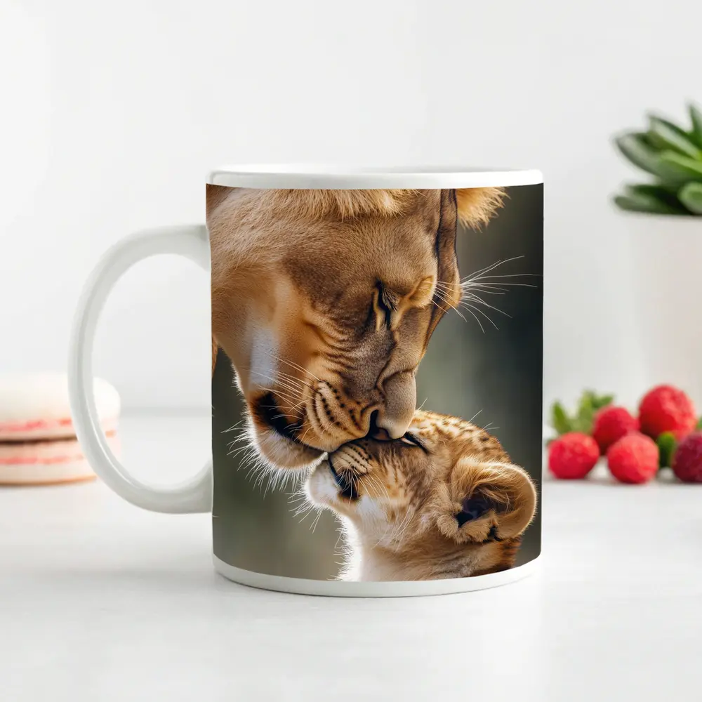 Lioness and Cub Tender Moment Outdoors – Mugs