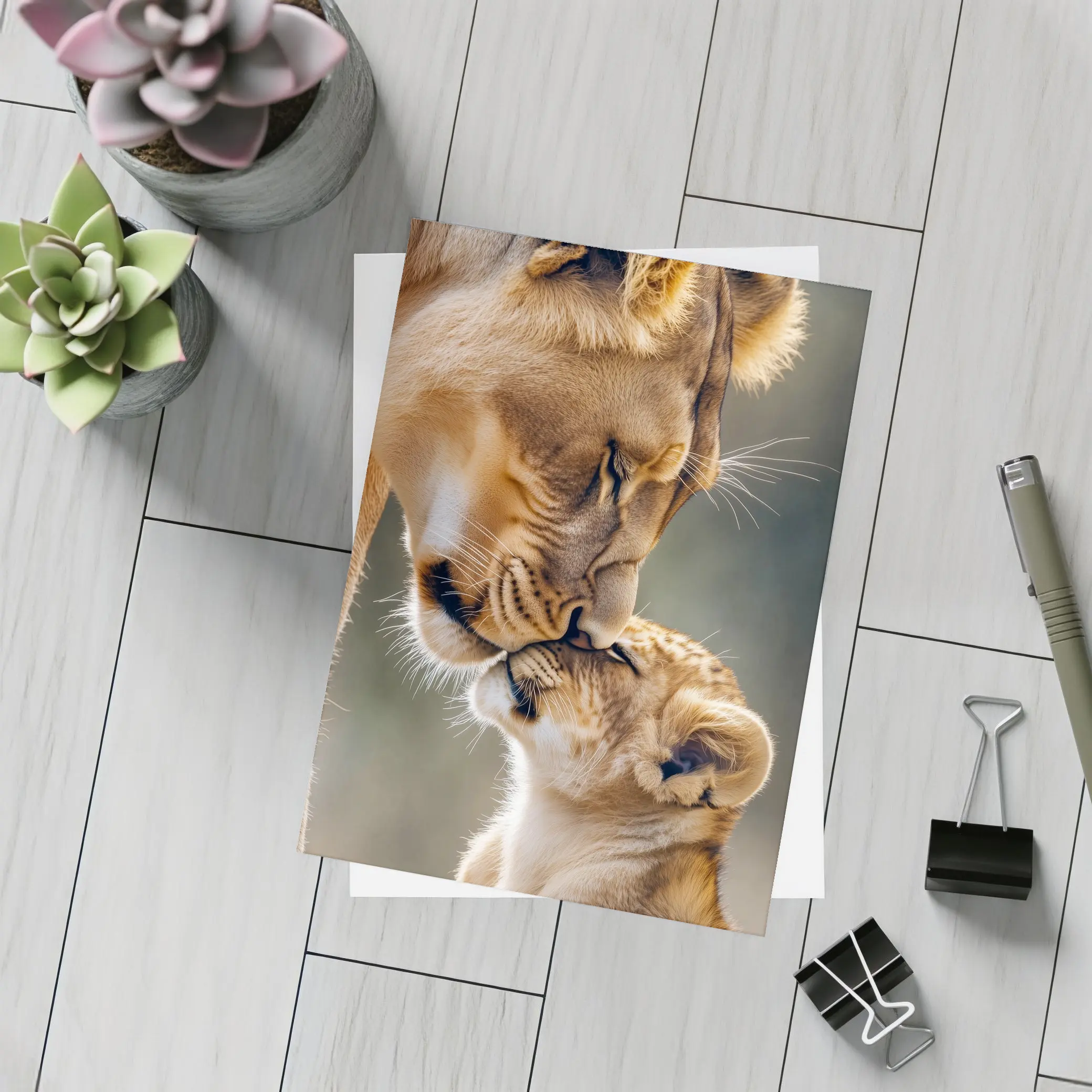 Lioness and Cub Tender Moment Outdoors – Postcards