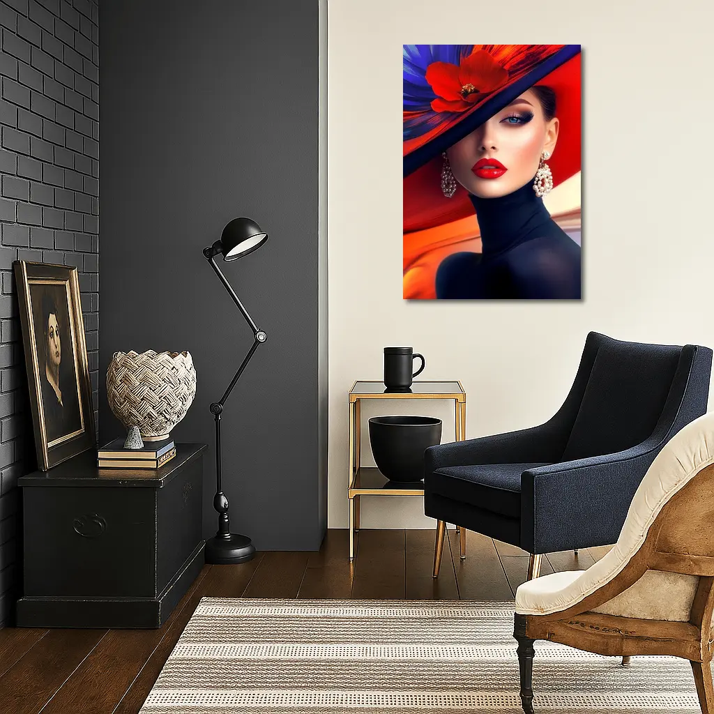 Elegant Woman Red Hat Blue Background – Wall Art