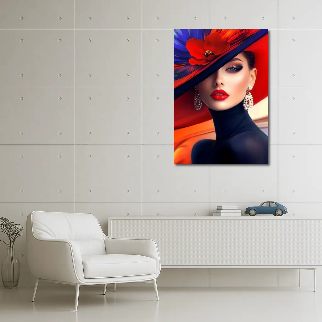Elegant Woman Red Hat Blue Background – Wall Art