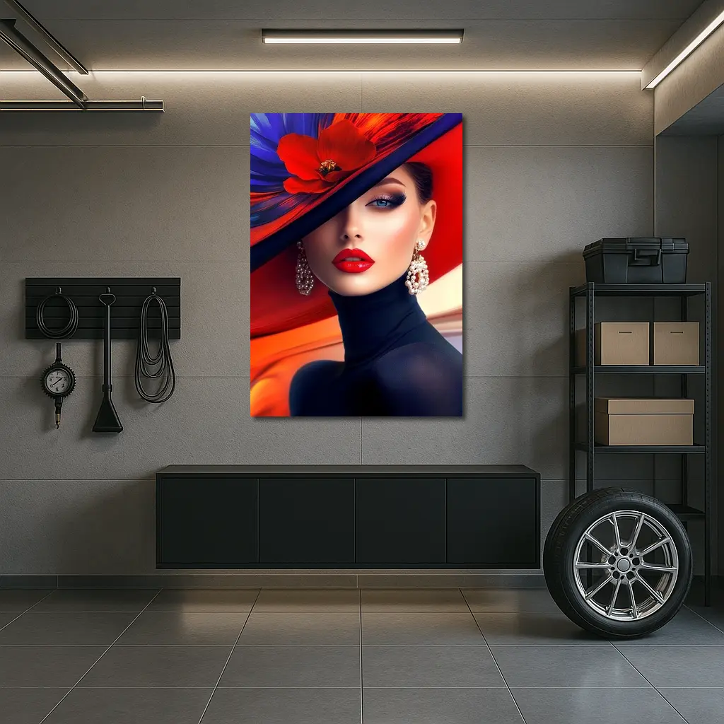 Elegant Woman Red Hat Blue Background – Wall Art