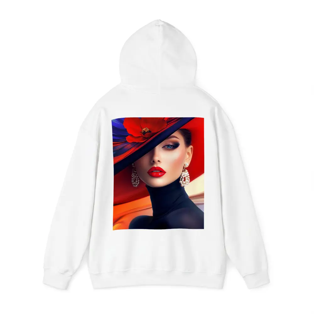 Elegant Woman Red Hat Blue Background – Hoodies