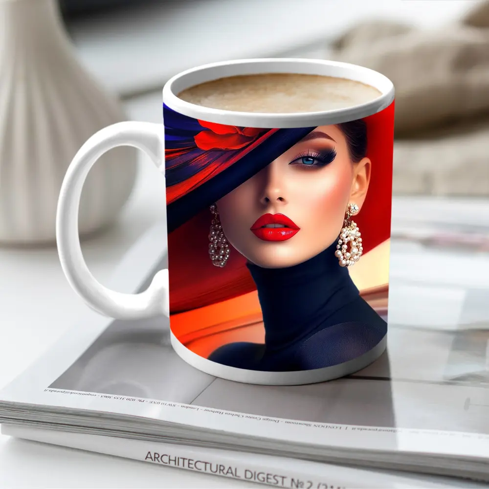 Elegant Woman Red Hat Blue Background – Mugs
