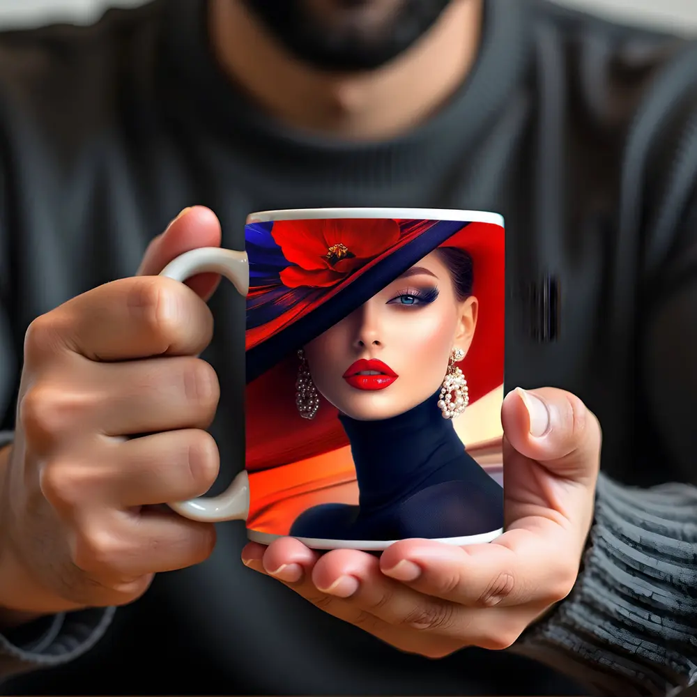Elegant Woman Red Hat Blue Background – Mugs