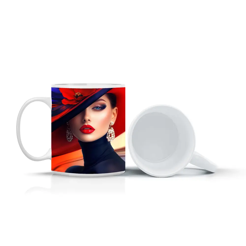Elegant Woman Red Hat Blue Background – Mugs