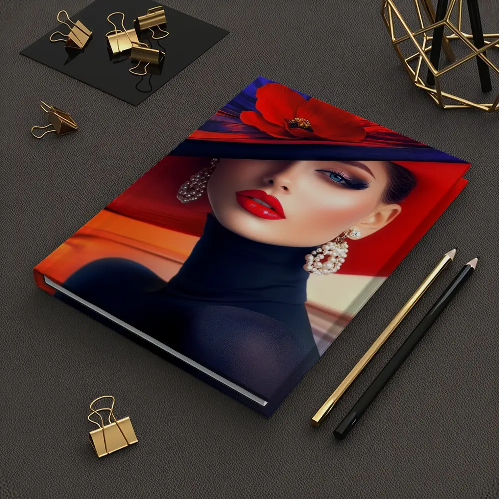 Elegant Woman Red Hat Blue Background – Notebooks