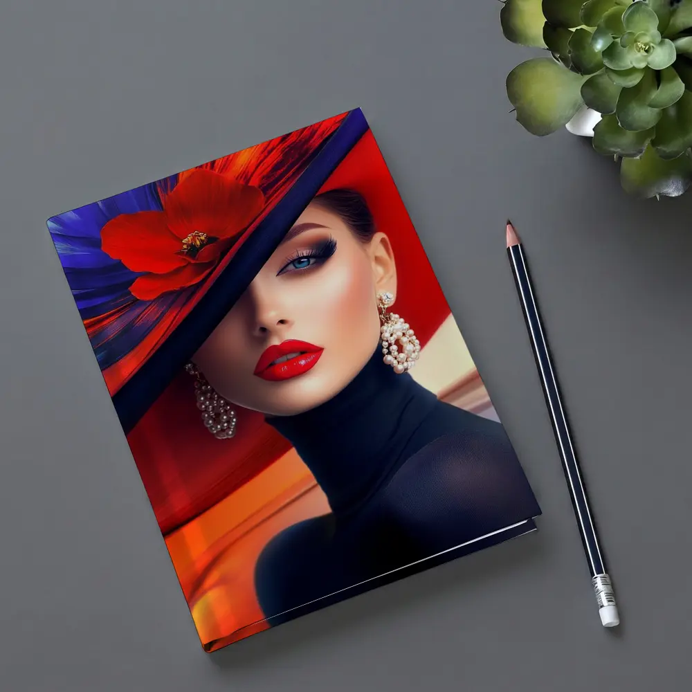 Elegant Woman Red Hat Blue Background – Notebooks