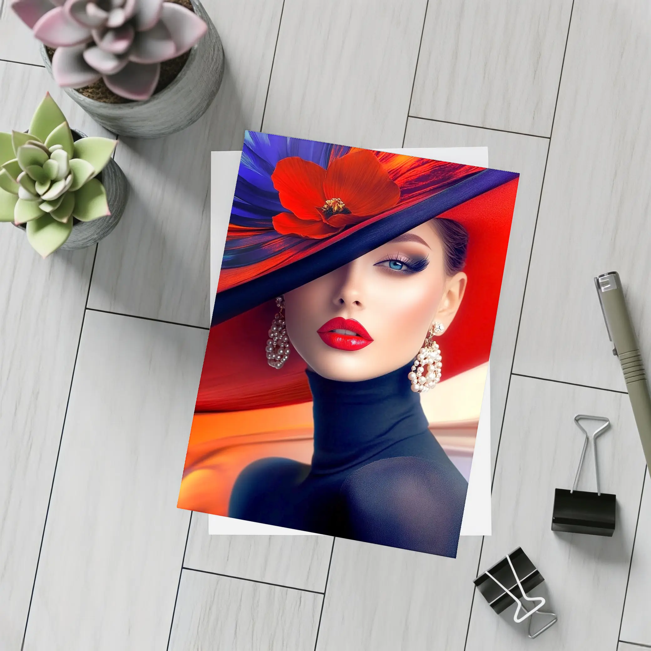 Elegant Woman Red Hat Blue Background – Postcards