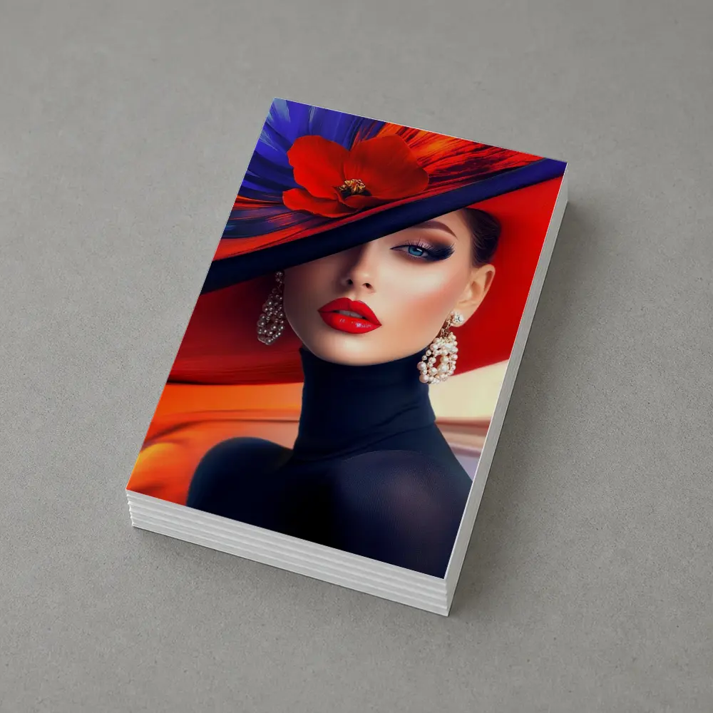 Elegant Woman Red Hat Blue Background – Postcards
