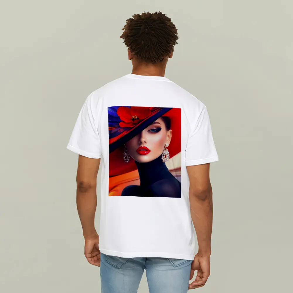Elegant Woman Red Hat Blue Background – T-Shirts