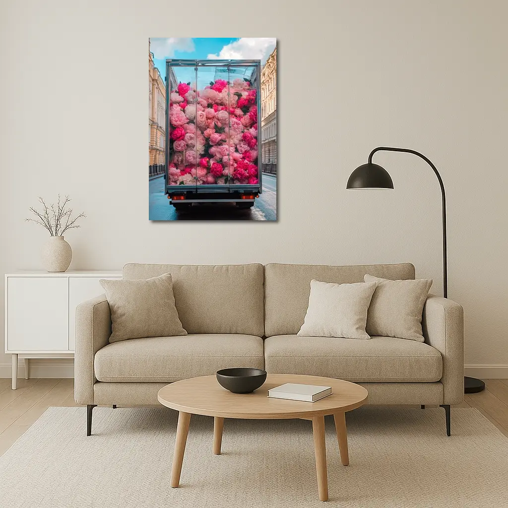 Pink Peonies Truck City Street Scene – Wall Art