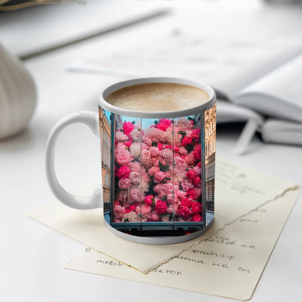 Pink Peonies Truck City Street Scene – Mugs
