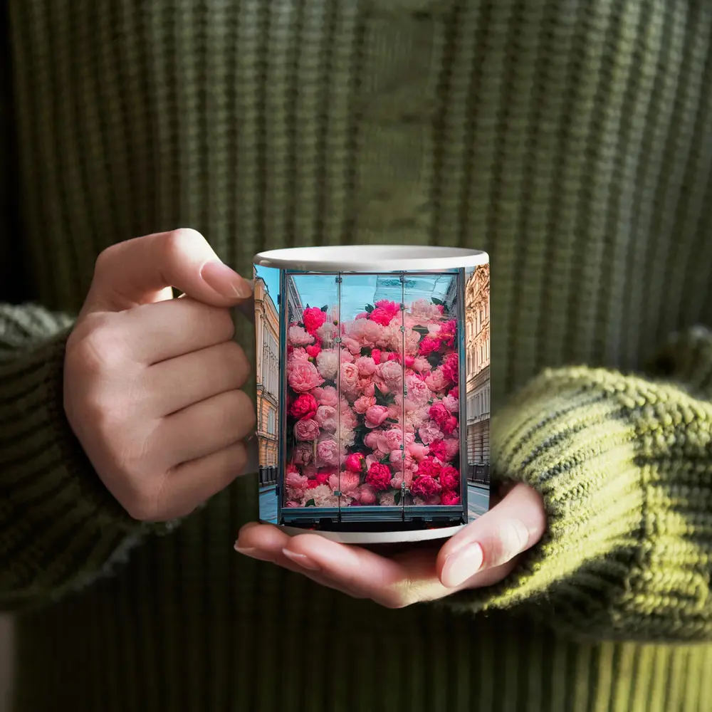 Pink Peonies Truck City Street Scene – Mugs