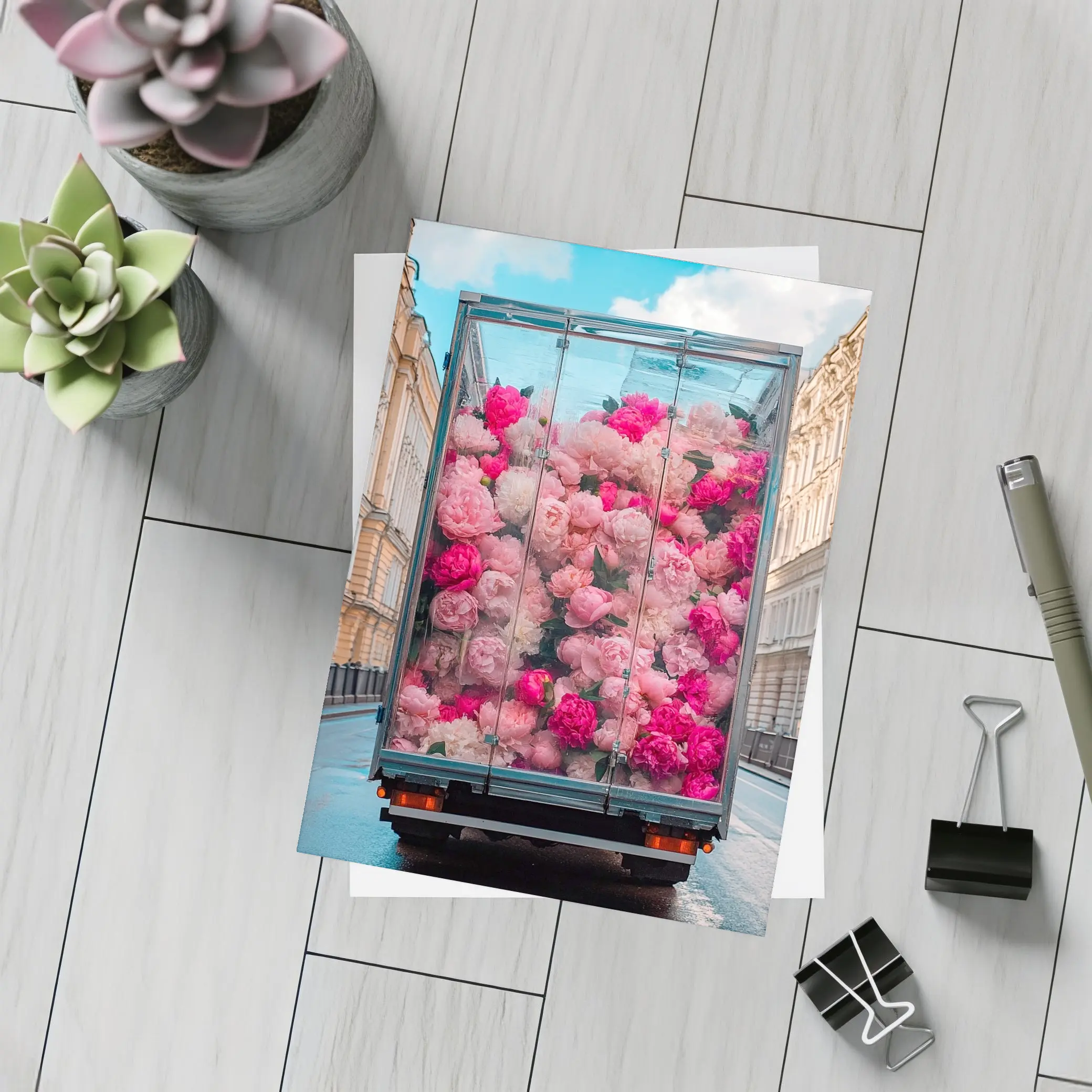 Pink Peonies Truck City Street Scene – Postcards
