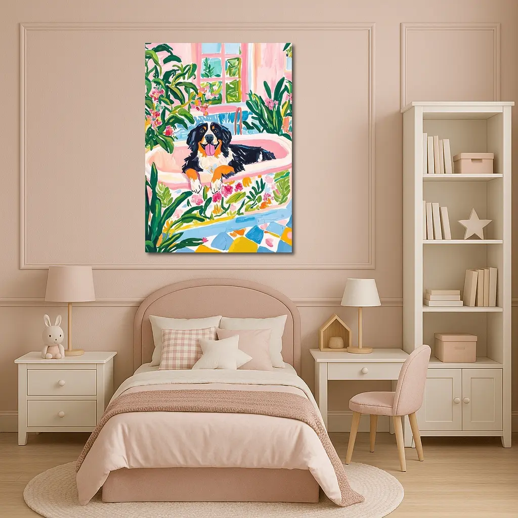 Bernese Mountain Dog Relaxing In Floral Bath – Wall Art