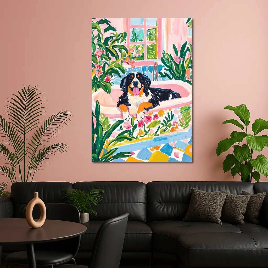Bernese Mountain Dog Relaxing In Floral Bath – Wall Art