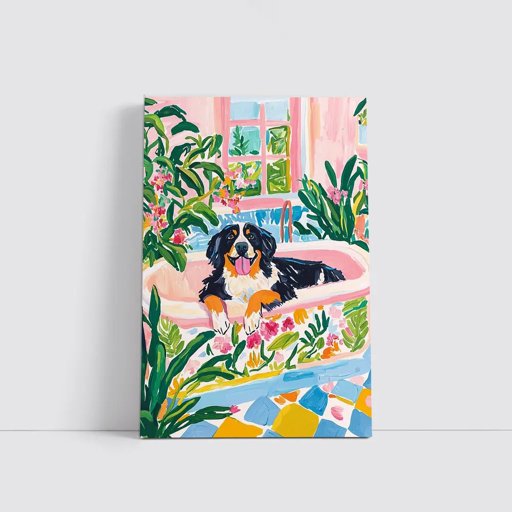 Bernese Mountain Dog Relaxing In Floral Bath – Wall Art