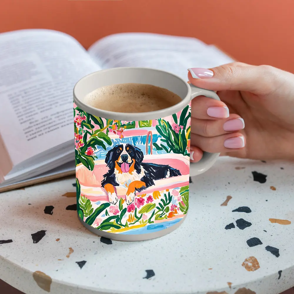 Bernese Mountain Dog Relaxing In Floral Bath – Mugs