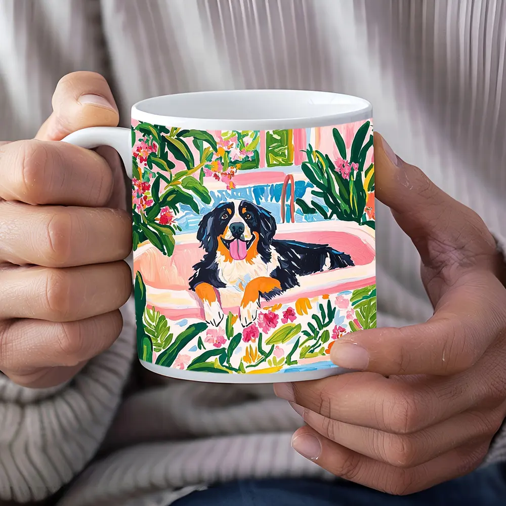 Bernese Mountain Dog Relaxing In Floral Bath – Mugs