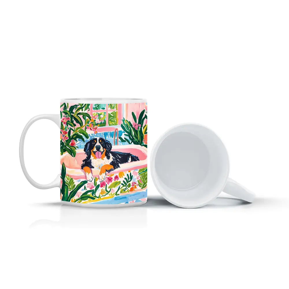 Bernese Mountain Dog Relaxing In Floral Bath – Mugs