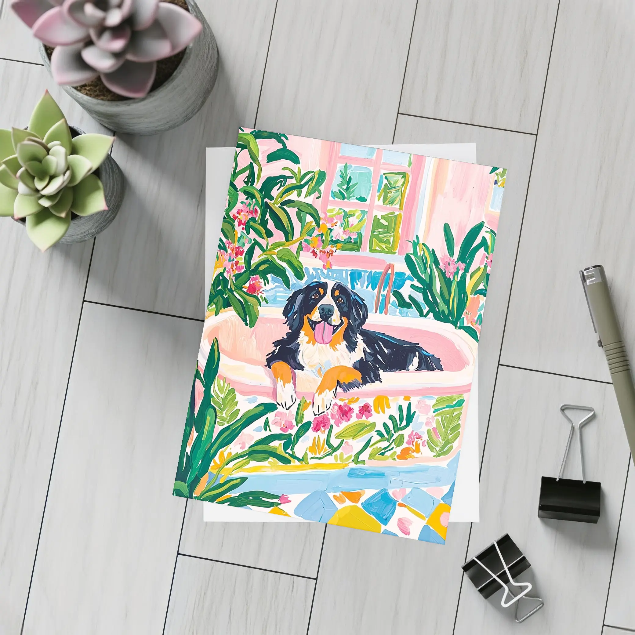 Bernese Mountain Dog Relaxing In Floral Bath – Postcards