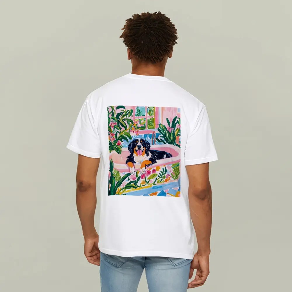 Bernese Mountain Dog Relaxing In Floral Bath – T-Shirts