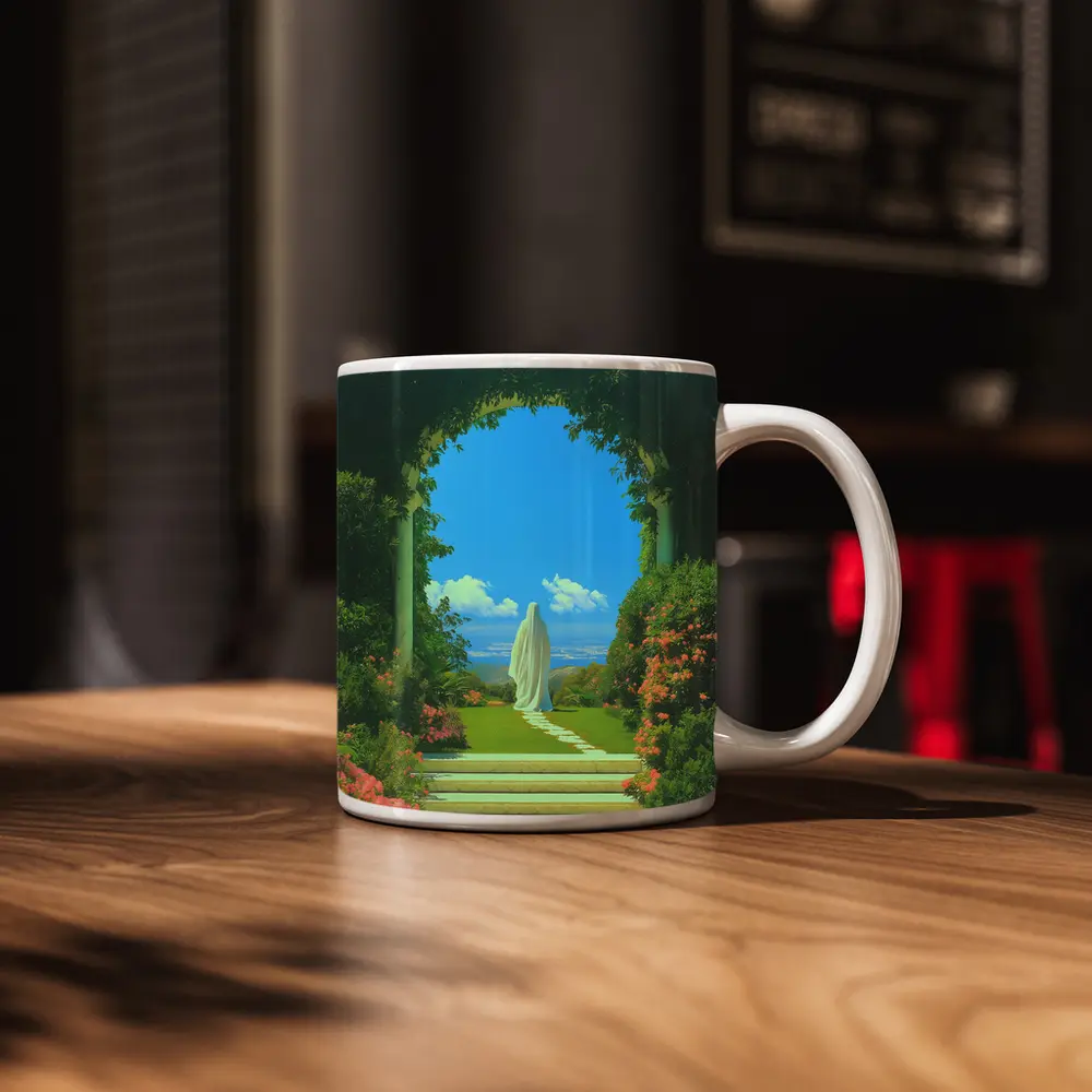 Robed Figure Garden Arch Surreal Art – Mugs