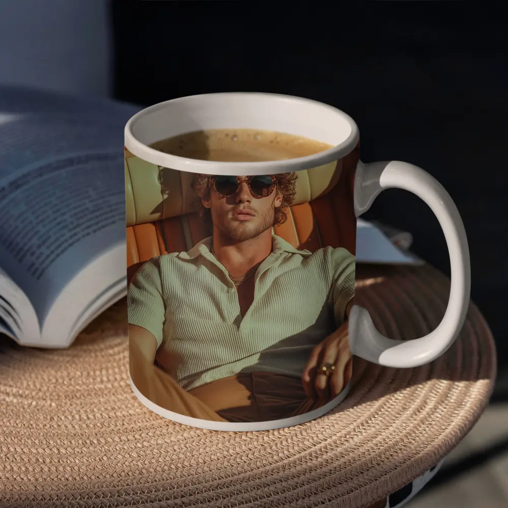 Man Relaxing in Vintage Convertible Car – Mugs