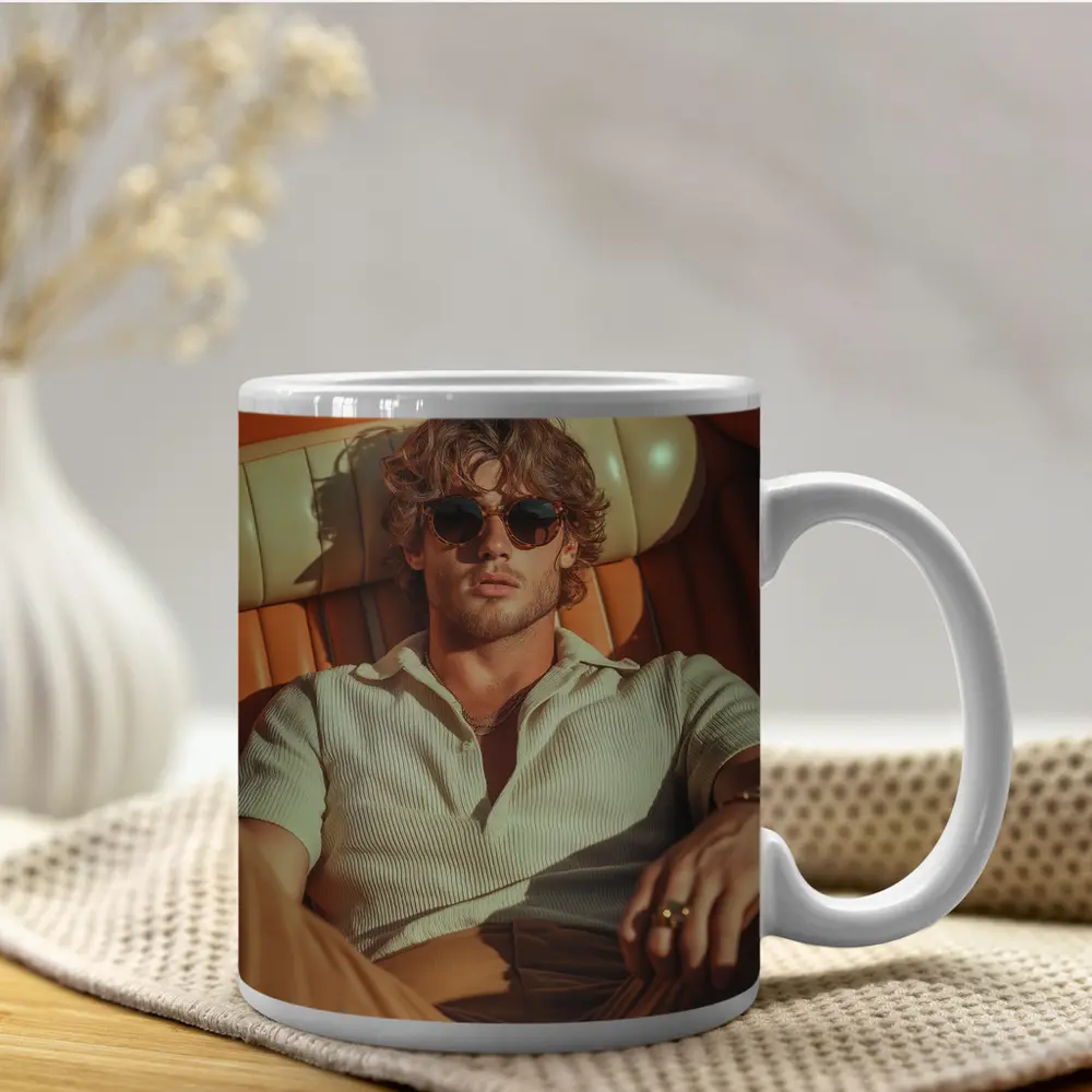 Man Relaxing in Vintage Convertible Car – Mugs